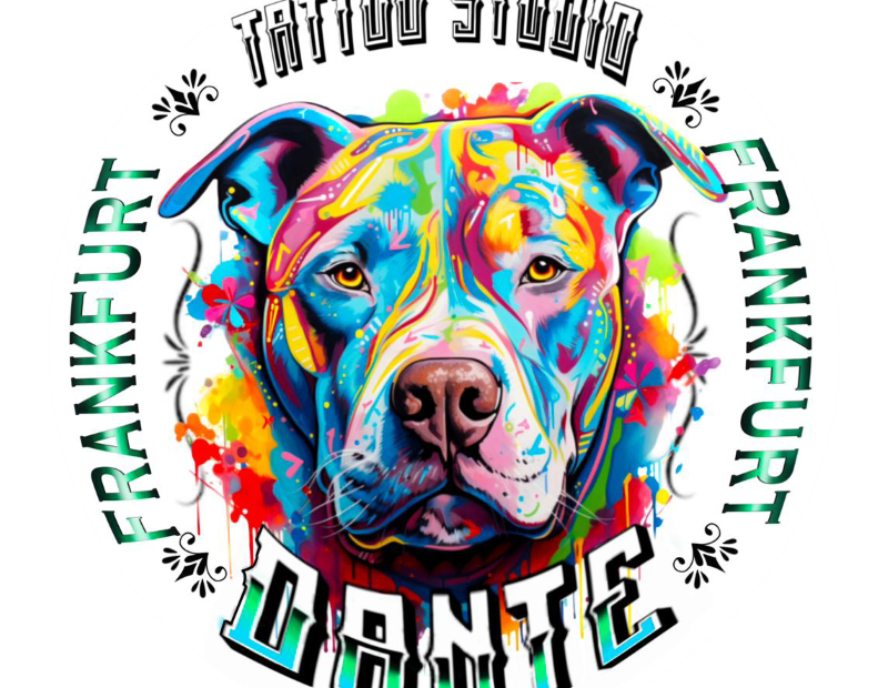 Logo mit einem bunten Hundedesign und dem Schriftzug "Dante" und "Tattoo Studio".