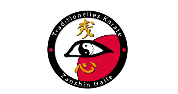 Symbolisches Logo mit Auge, Schriftzeichen und Yin-Yang-Element