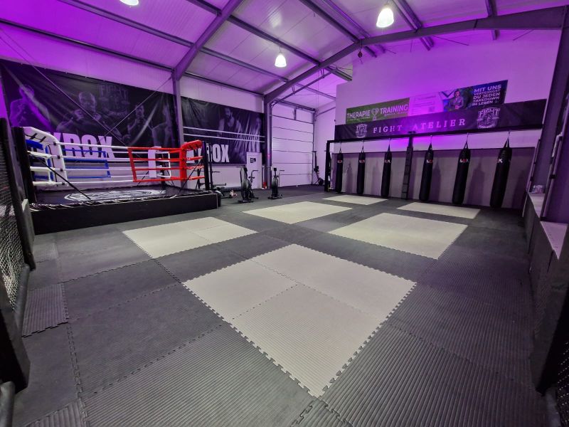 Moderner Kampfsporttrainingsraum mit Boxring, Mattenfläche und Sandsäcken